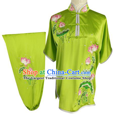 Chinese Martial Arts Embroidered Lotus Green Silk Outfits Wushu Competition Clothing Tai Chi Kung Fu Garment Costumes
