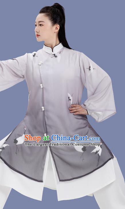 Chinese Martial Arts Hand Painting Cranes Grey Outfits Woman Tai Chi Competition Clothing Tai Ji Training Garment Costumes