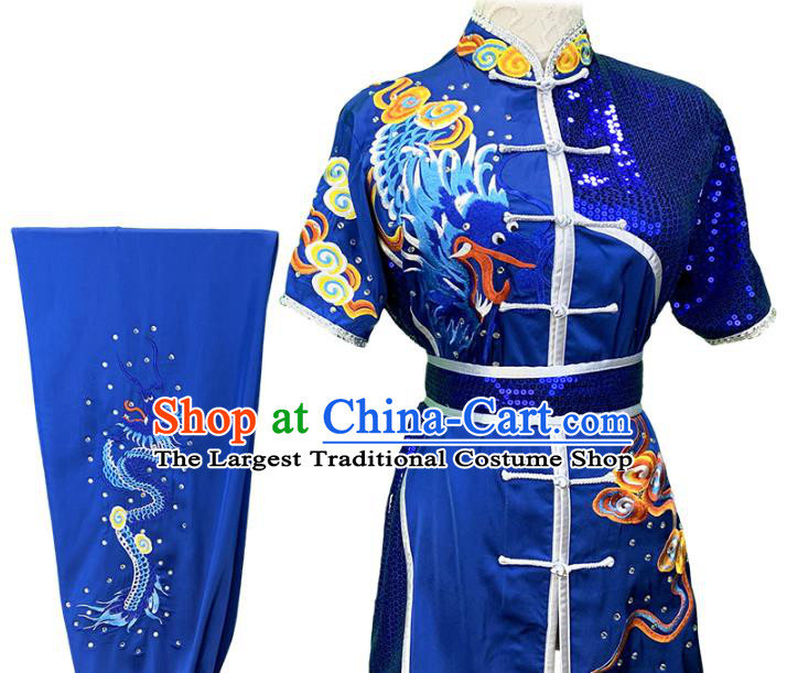 Top China Wushu Performance Garment Costumes Martial Arts Competition Clothing Kung Fu Embroidered Dragon Royalblue Uniforms