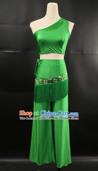 China Yunnan Minority Peacock Dance Green Dress Ethnic Female Group Dance Garments Dai Nationality Stage Performance Clothing