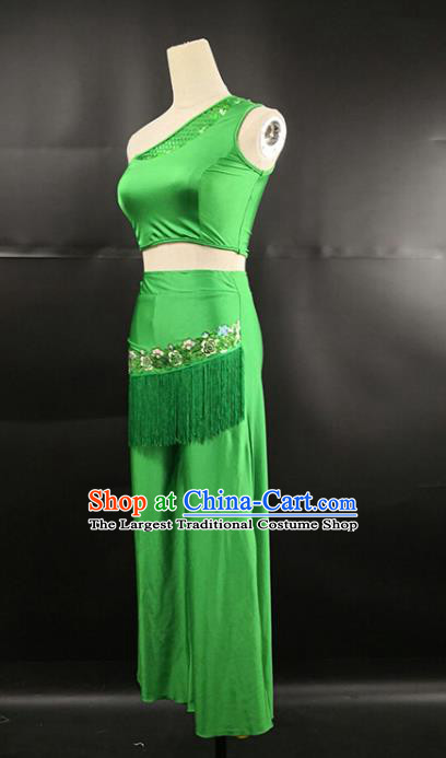 China Yunnan Minority Peacock Dance Green Dress Ethnic Female Group Dance Garments Dai Nationality Stage Performance Clothing