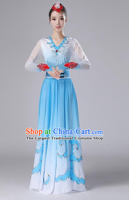 Top Chinese Woman Swan Dance Garment Costume Traditional Dance Performance Clothing Classical Dance Blue Dress Outfits