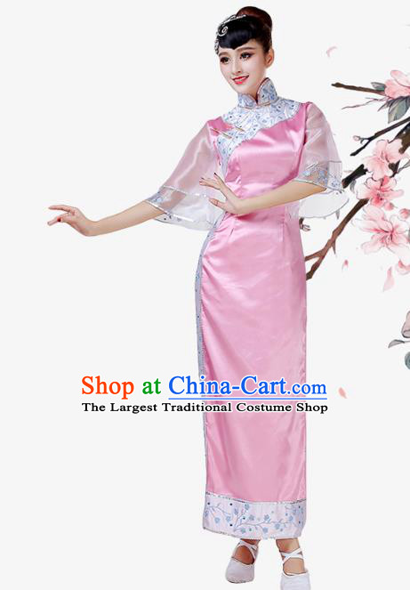 Top Chinese Woman Stage Performance Clothing Classical Umbrella Dance Garment Costume Traditional Fan Dance Pink Qipao Dress