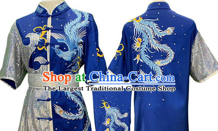 China Martial Arts Embroidered Phoenix Blue Uniforms Wushu Competition Garment Costume Female Shadowboxing Kung Fu Clothing