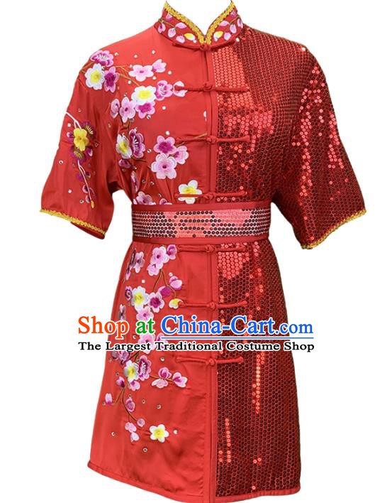 China Female Kung Fu Clothing Martial Arts Embroidered Plum Red Uniforms Wushu Competition Garment Costume