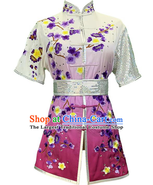 China Woman Kung Fu Clothing Martial Arts Embroidered Plum Gradient Rosy Uniforms Wushu Competition Garment Costume