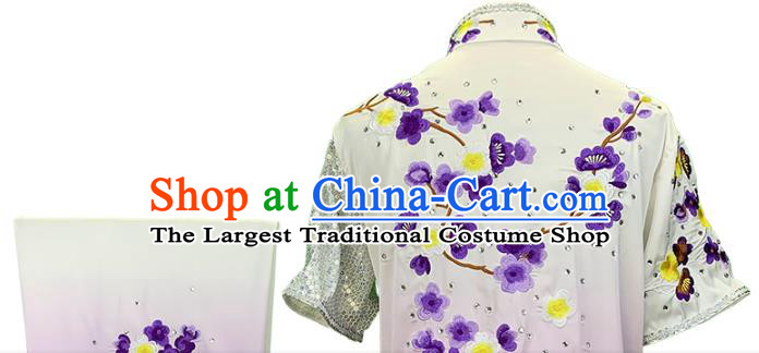 China Woman Kung Fu Clothing Martial Arts Embroidered Plum Gradient Rosy Uniforms Wushu Competition Garment Costume