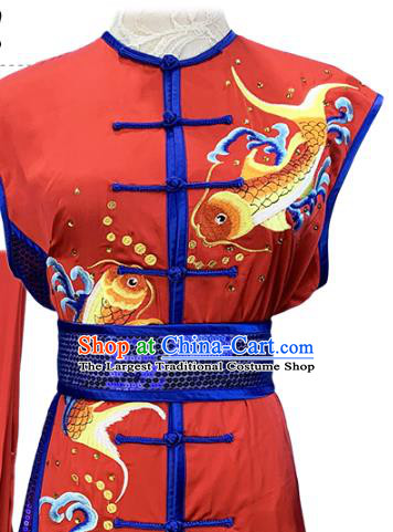 Top Chinese Kung Fu Wushu Performance Clothing Southern Boxing Competition Garment Costumes Martial Arts Embroidered Fish Red Outfits