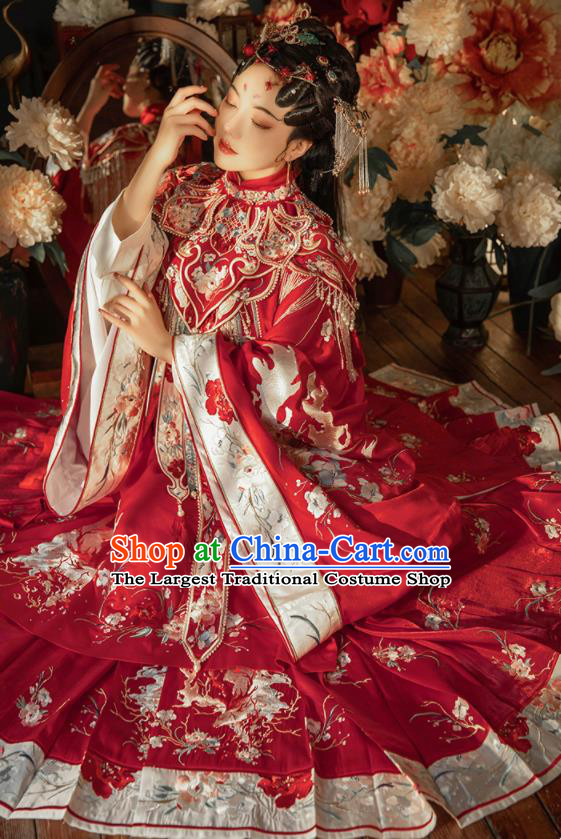 China Ancient Court Woman Embroidered Red Hanfu Dress Traditional Wedding Garments Ming Dynasty Imperial Concubine Historical Clothing