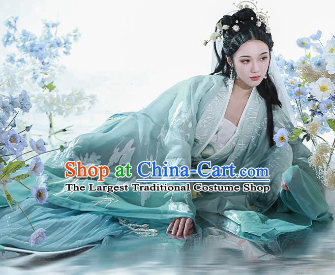 China Tang Dynasty Palace Princess Historical Clothing Ancient Court Lady Embroidered Green Dress Traditional Hanfu Garments