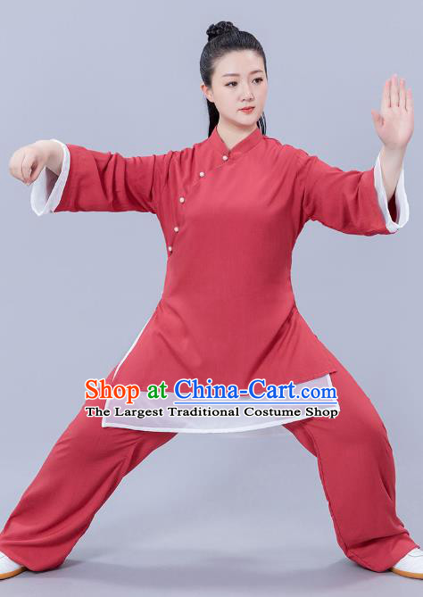 Chinese Martial Arts Competition Red Flax Outfits Tai Chi Performance Clothing Woman Tai Ji Training Garments