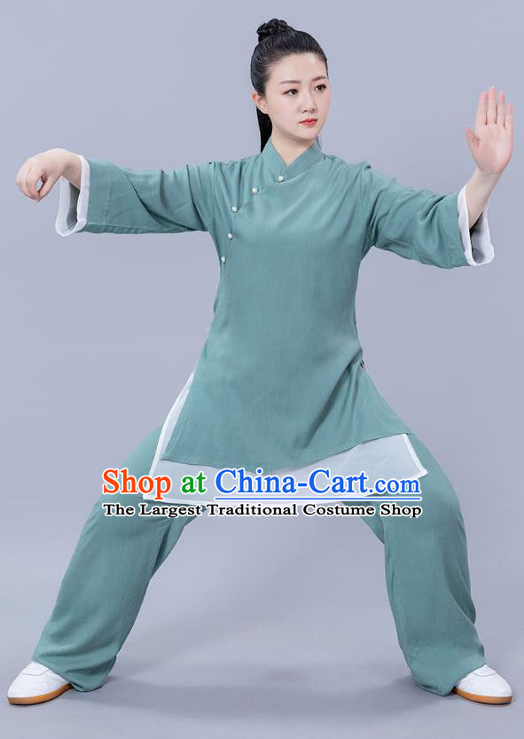 Chinese Woman Tai Ji Training Garments Martial Arts Competition Green Flax Outfits Tai Chi Performance Clothing