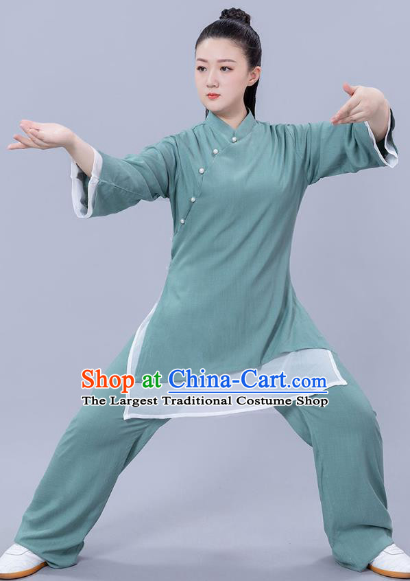 Chinese Woman Tai Ji Training Garments Martial Arts Competition Green Flax Outfits Tai Chi Performance Clothing