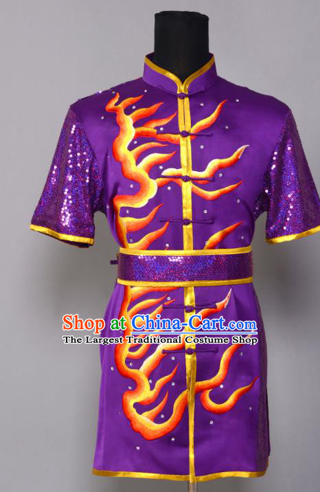 China Martial Arts Clothing Kung Fu Performance Apparels Cudgel Play Garment Costumes Southern Boxing Competition Purple Uniforms