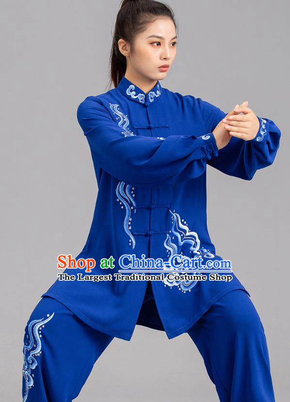 Chinese Martial Arts Kung Fu Competition Garments Tai Ji Embroidered Clouds Royalblue Outfits Tai Chi Performance Clothing