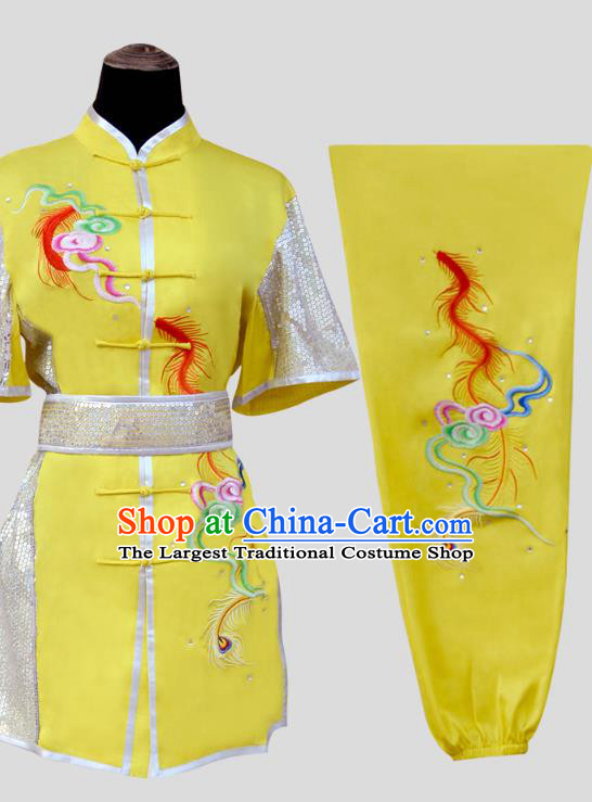 China Martial Arts Clothing Kung Fu Performance Embroidered Yellow Suits Southern Boxing Garment Costumes Wushu Competition Uniforms