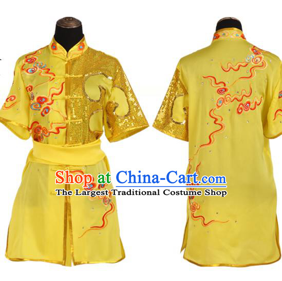 China Wushu Training Uniforms Martial Arts Clothing Kung Fu Embroidered Cloud Yellow Suits Southern Boxing Garment Costumes