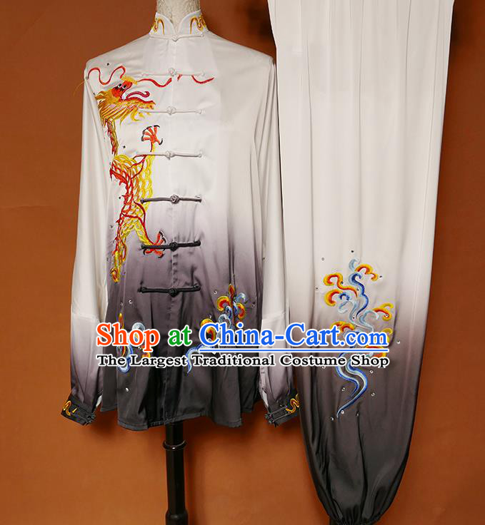 China Tai Chi Competition Uniforms Martial Arts Embroidered Dragon Garment Costumes Kung Fu Tai Ji Gradient Black Suits