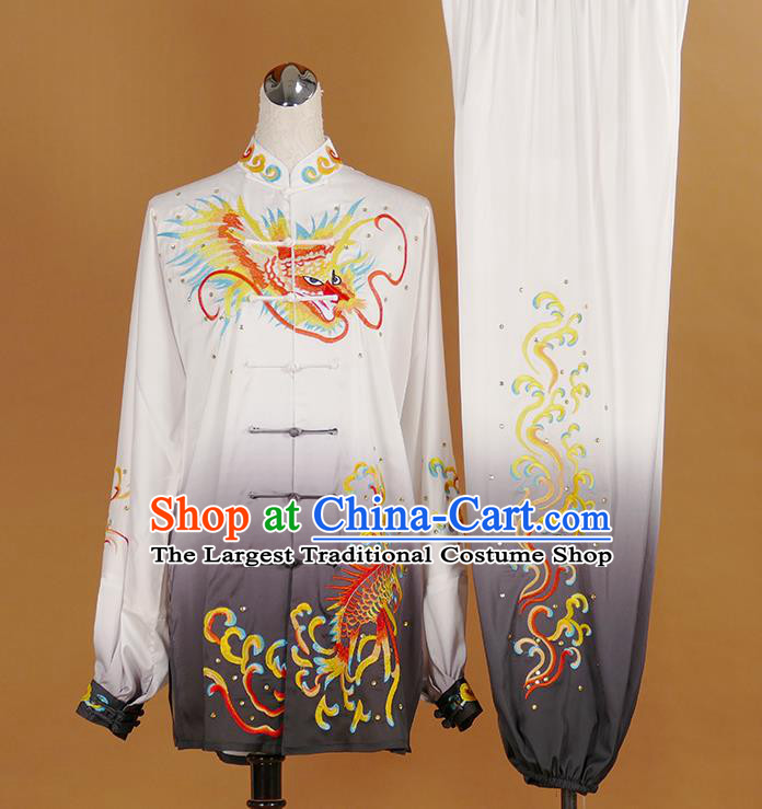China Kung Fu Tai Ji Gradient Grey Suits Tai Chi Competition Embroidered Dragon Uniforms Martial Arts Garment Costumes