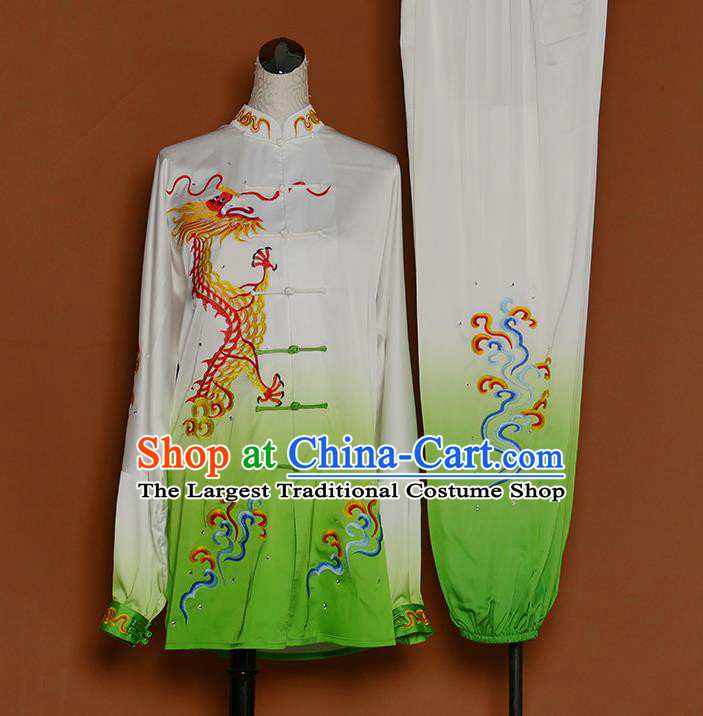 China Martial Arts Garment Costumes Kung Fu Tai Ji Gradient Green Suits Tai Chi Competition Embroidered Dragon Uniforms