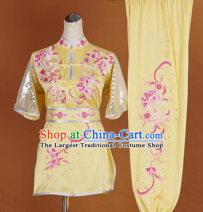 Chinese Kung Fu Tai Chi Performance Yellow Suits Martial Arts Short Sleeve Outfits Wushu Competition Garment Costume