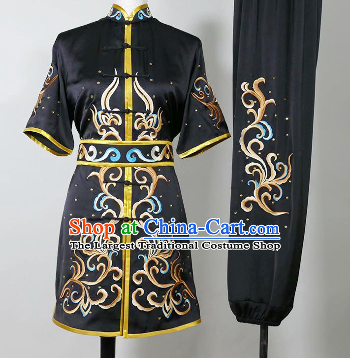 China Martial Arts Garment Costumes Kung Fu Tai Ji Performance Black Suits Changquan Boxing Competition Embroidered Uniforms