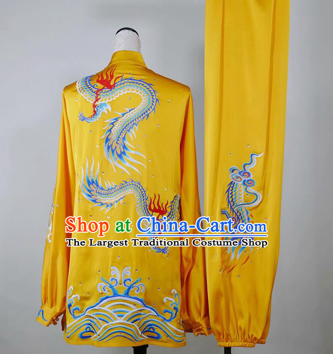 China Kung Fu Tai Ji Performance Yellow Suits Tai Chi Sword Competition Embroidered Dragon Uniforms Martial Arts Garment Costumes