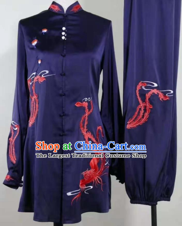 Chinese Wushu Competition Embroidered Phoenix Clothing Kung Fu Tai Chi Performance Suits Martial Arts Navy Outfits