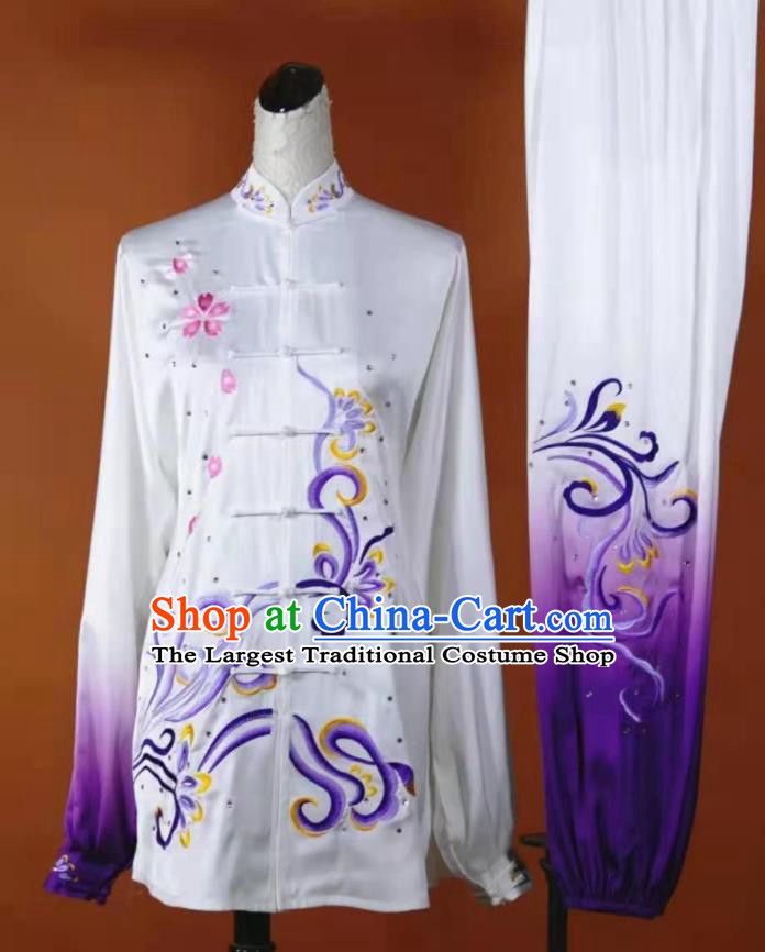 Chinese Kung Fu Tai Chi Performance Gradient Purple Suits Martial Arts Embroidered Outfits Wushu Competition Clothing