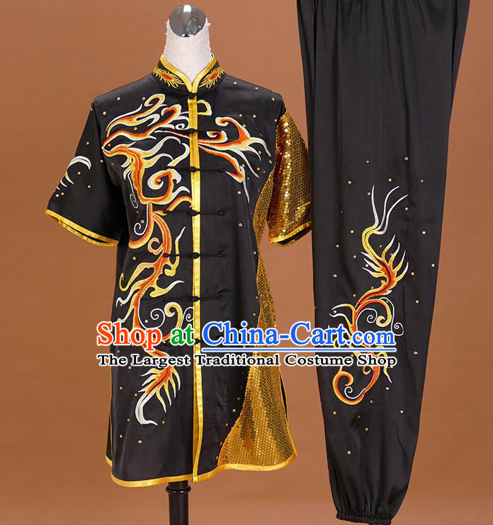 China Martial Arts Garment Costumes Kung Fu Tai Ji Performance Suits Wushu Competition Embroidered Black Uniforms