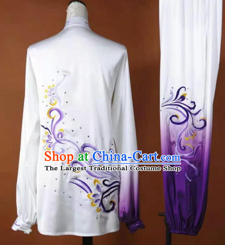 Chinese Kung Fu Tai Chi Performance Gradient Purple Suits Martial Arts Embroidered Outfits Wushu Competition Clothing