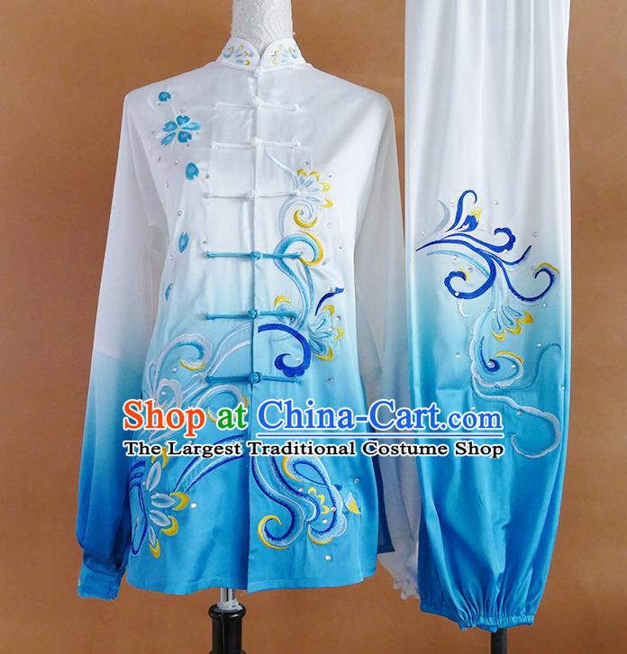Chinese Wushu Competition Clothing Kung Fu Tai Chi Performance Gradient Blue Suits Martial Arts Embroidered Outfits