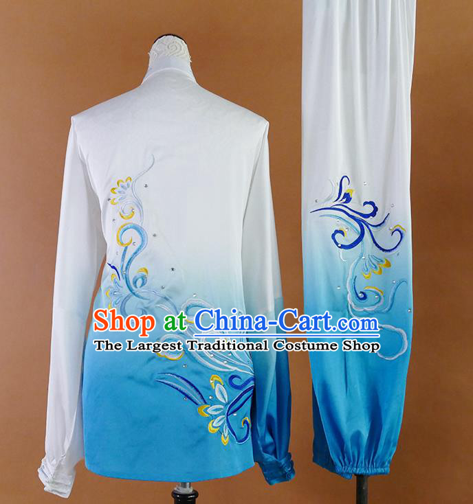 Chinese Wushu Competition Clothing Kung Fu Tai Chi Performance Gradient Blue Suits Martial Arts Embroidered Outfits