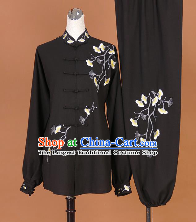 Chinese Martial Arts Competition Embroidered Ginkgo Leaf Outfits Kung Fu Tai Ji Training Clothing Tai Chi Performance Black Suits