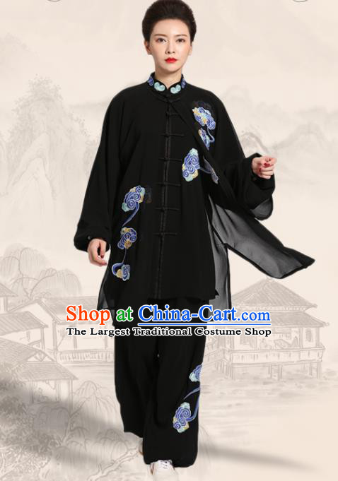 Chinese Martial Arts Competition Embroidered Clouds Outfits Kung Fu Tai Ji Training Clothing Tai Chi Performance Black Suits