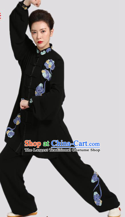 Chinese Martial Arts Competition Embroidered Clouds Outfits Kung Fu Tai Ji Training Clothing Tai Chi Performance Black Suits