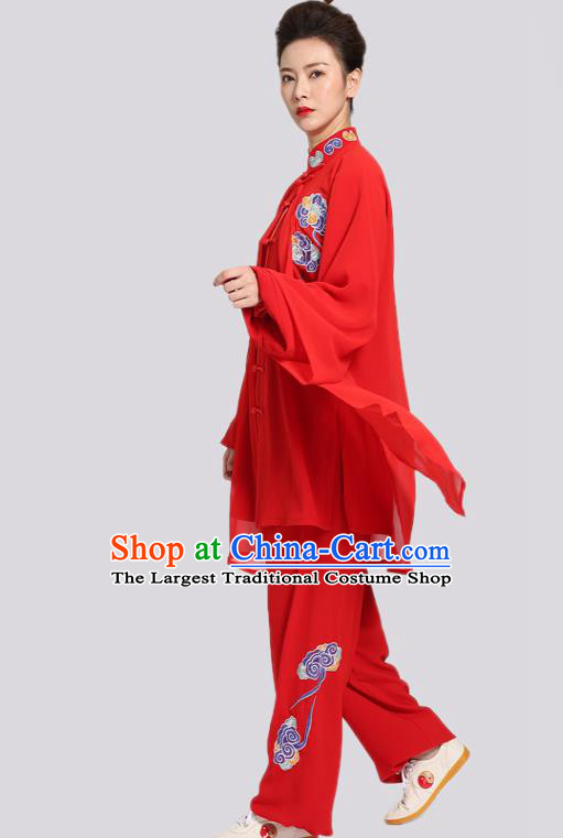 Chinese Tai Chi Performance Red Suits Martial Arts Competition Embroidered Clouds Outfits Kung Fu Tai Ji Training Clothing