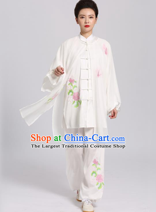Chinese Kung Fu Tai Ji Training Clothing Tai Chi Competition White Suits Martial Arts Embroidered Chrysanthemum Outfits