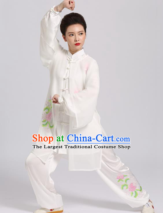 Chinese Kung Fu Tai Ji Training Clothing Tai Chi Competition White Suits Martial Arts Embroidered Chrysanthemum Outfits