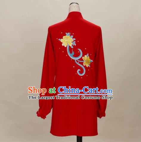 Chinese Martial Arts Embroidered Peony Outfits Kung Fu Wushu Competition Clothing Tai Chi Performance Red Suits