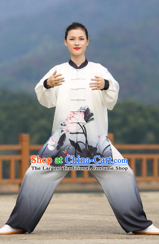 Chinese Kung Fu Printing Lotus Suits Tai Ji Chuan Gradient Black Outfits Tai Chi Group Performance Clothing Martial Arts Competition Garment