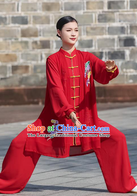 Chinese Martial Arts Garment Kung Fu Competition Embroidered Red Suits Tai Ji Performance Outfits Tai Chi Clothing