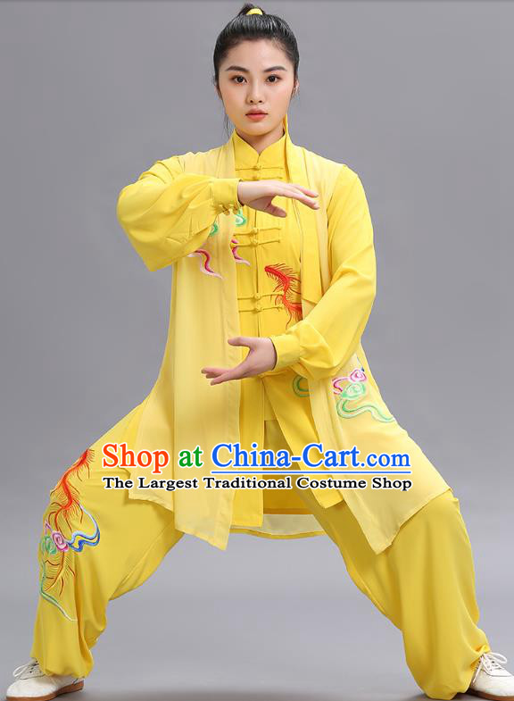Chinese Martial Arts Performance Three Piece Garments Tai Ji Chuan Embroidered Phoenix Yellow Outfits Tai Chi Kung Fu Competition Clothing