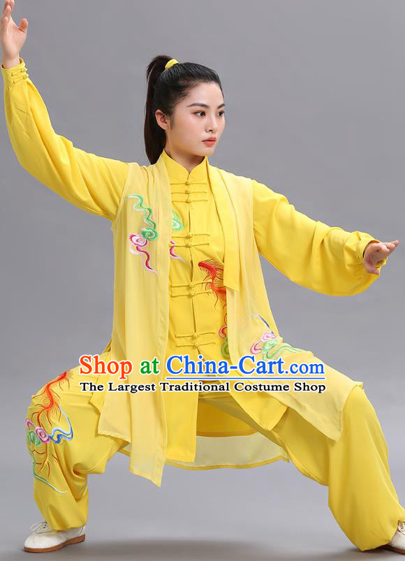 Chinese Martial Arts Performance Three Piece Garments Tai Ji Chuan Embroidered Phoenix Yellow Outfits Tai Chi Kung Fu Competition Clothing