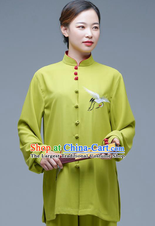 Chinese Tai Chi Clothing Martial Arts Performance Garment Kung Fu Competition Suits Embroidered Crane Green Outfits