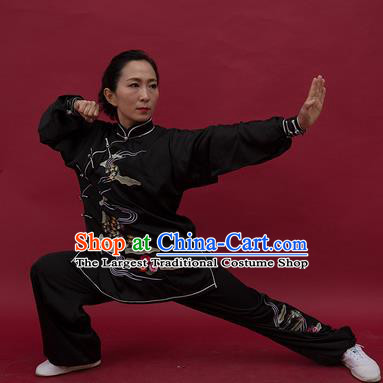 Chinese Martial Arts Embroidered Black Outfits Tai Chi Performance Garment Costume Kung Fu Wing Chun Competition Suits