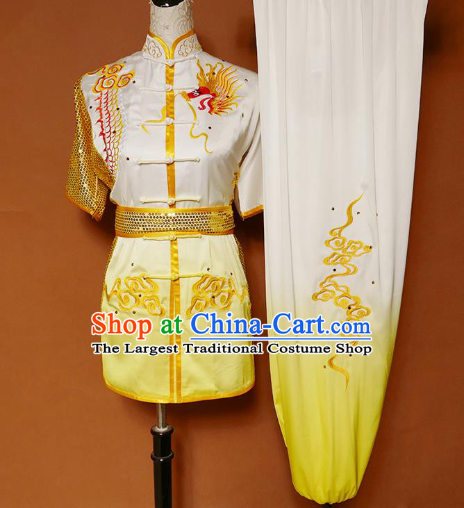 China Wushu Kongfu Sequins Garment Costumes Nanquan Boxing Training Yellow Suits Kung Fu Competition Uniforms