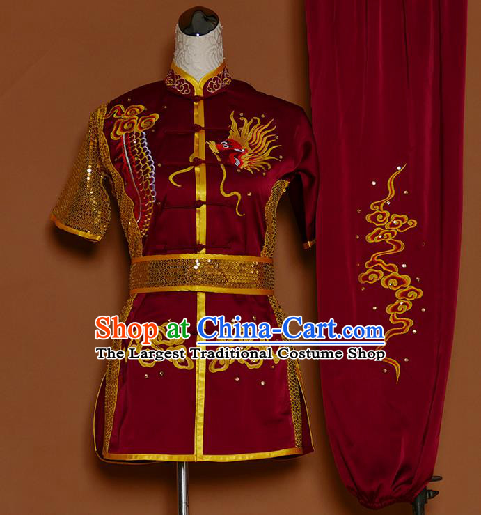 China Nanquan Boxing Training Wine Red Suits Kung Fu Competition Uniforms Wushu Kongfu Sequins Garment Costumes