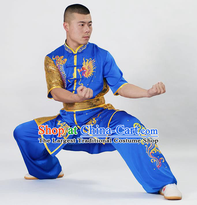 China Wushu Kongfu Sequins Garment Costumes Nanquan Boxing Training Suits Kung Fu Competition Royalblue Uniforms