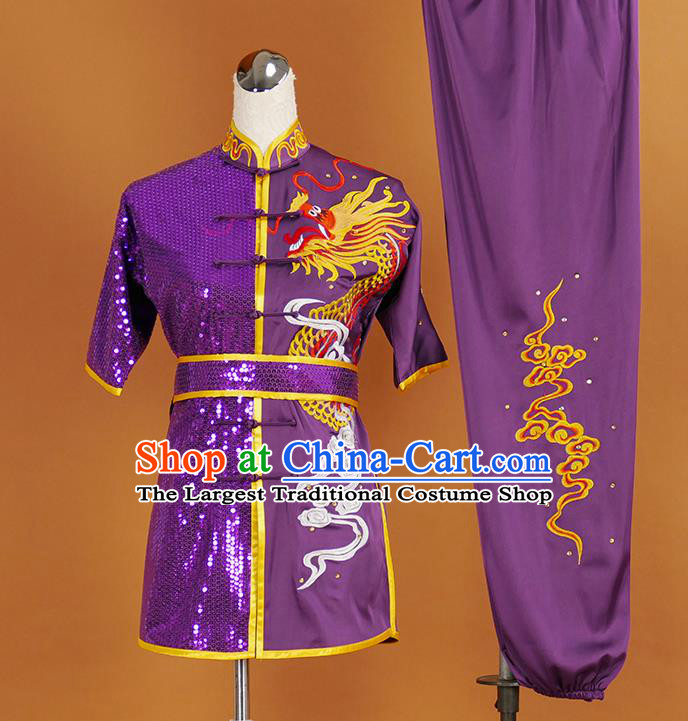 China Kung Fu Competition Purple Sequins Uniforms Wushu Kongfu Garment Costumes Nanquan Boxing Training Embroidered Suits